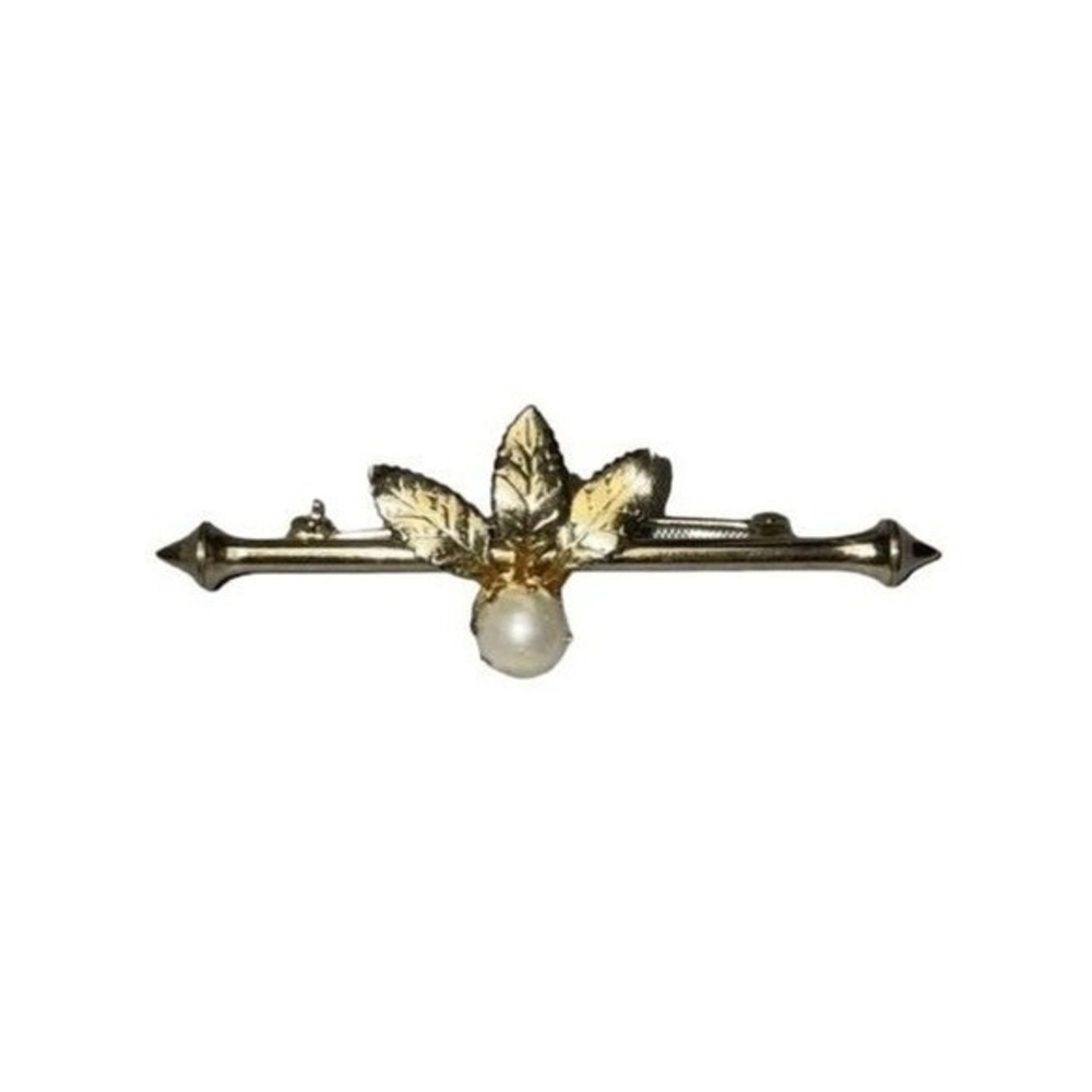 Vintage Bar Brooch Gold Tone Metal Bar Faux‎ Pearl Pin Leaf Leaves Fall Autumn